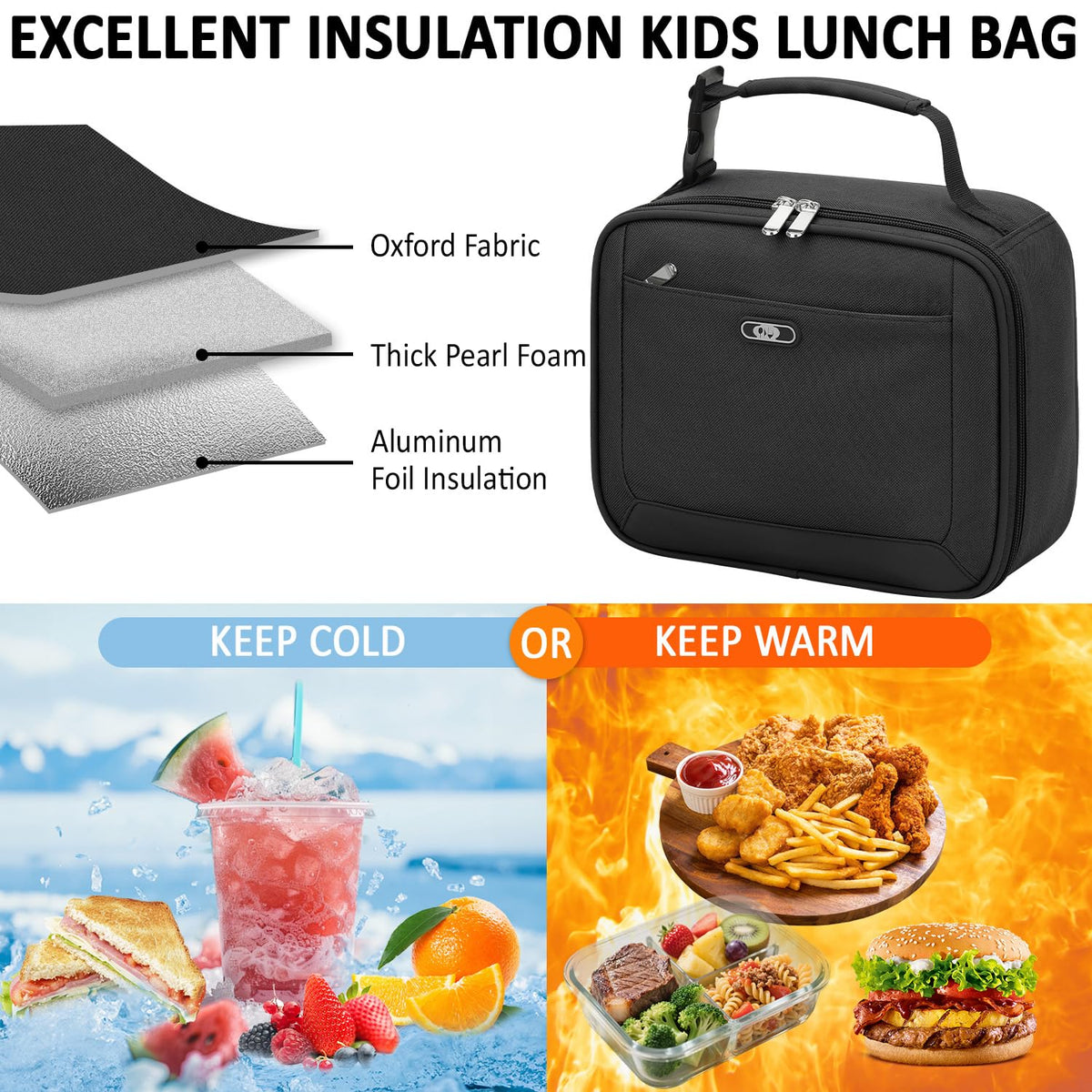 Tenot Lunch Box Kids Insulated Lunch Tote Bag Black