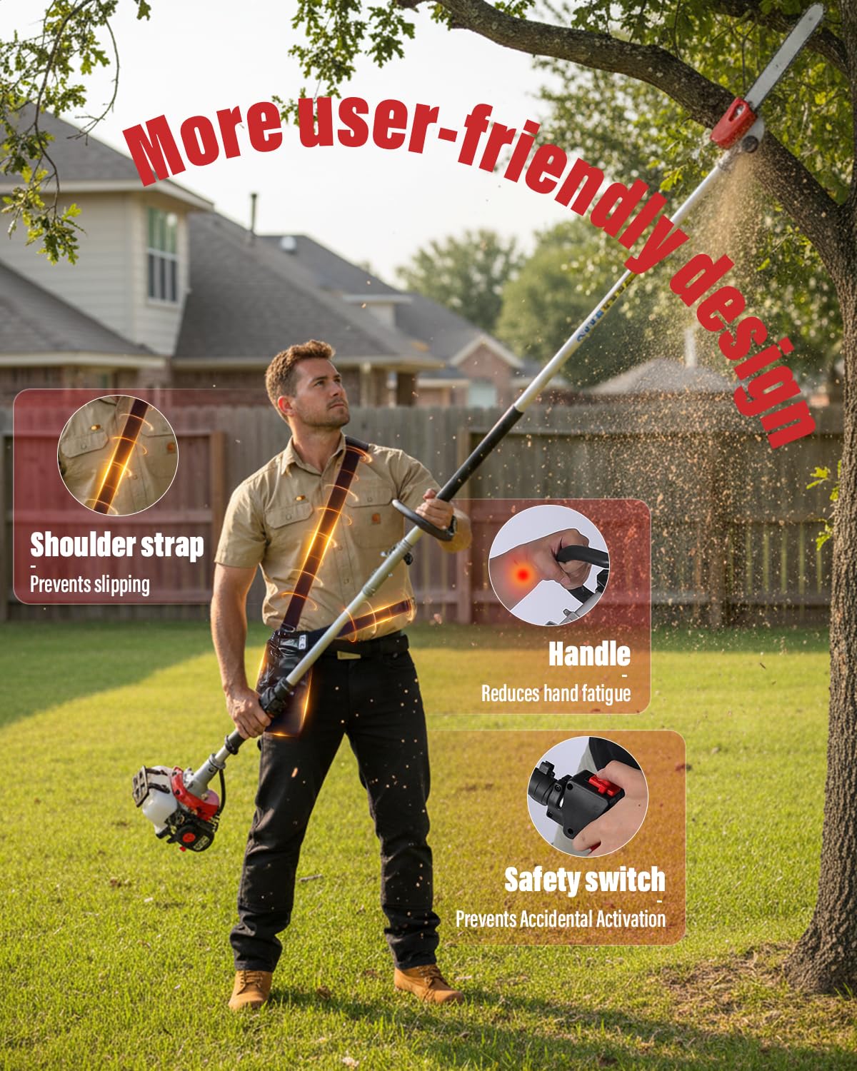EIDOWA 48CC Gas Powered Pole Saw 16FT Reach, 3.5HP Gas Pole Saws for Tree Trimming with 11.8" Bar, Professional Gas Powered Chainsaw for Tall Trees, Safe Limb Pruner (Red)