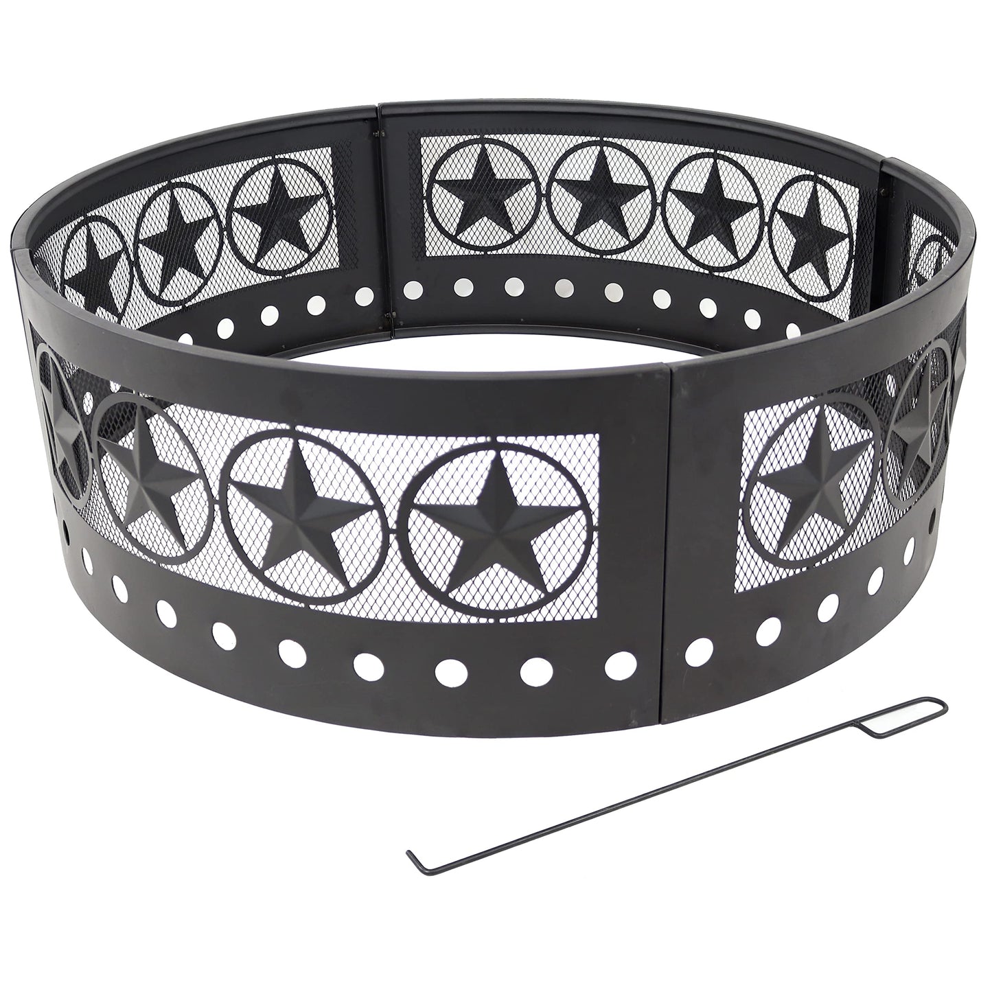 Sunnydaze 36-Inch Outdoor Fire Pit Ring with Poker - Round Heavy-Duty Steel Fire Ring for Camping or Backyard - 4-Star - 12" H