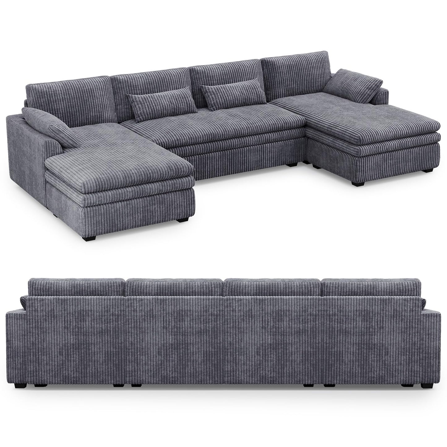 Belffin Large Modular Sectional Sofa with Double Deep Chaise, 135" Corduroy U Shaped Sectional Couch with 9" Soft Dual-Layer 6 Seats U Shaped Couch for Living Room, Apartment, Light Grey