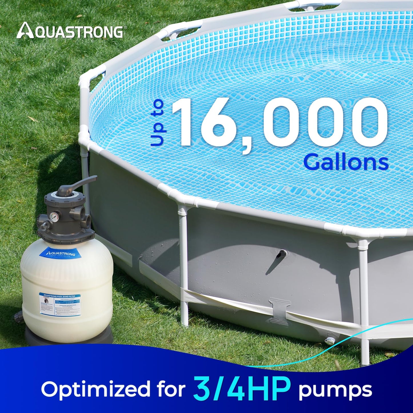 AQUASTRONG 16" Pool Sand Filter Tank with 6-Way Valve, Sand Filter for Above Ground Pools Up to 16,000 Gallons, Replacement for Cartridge Filters