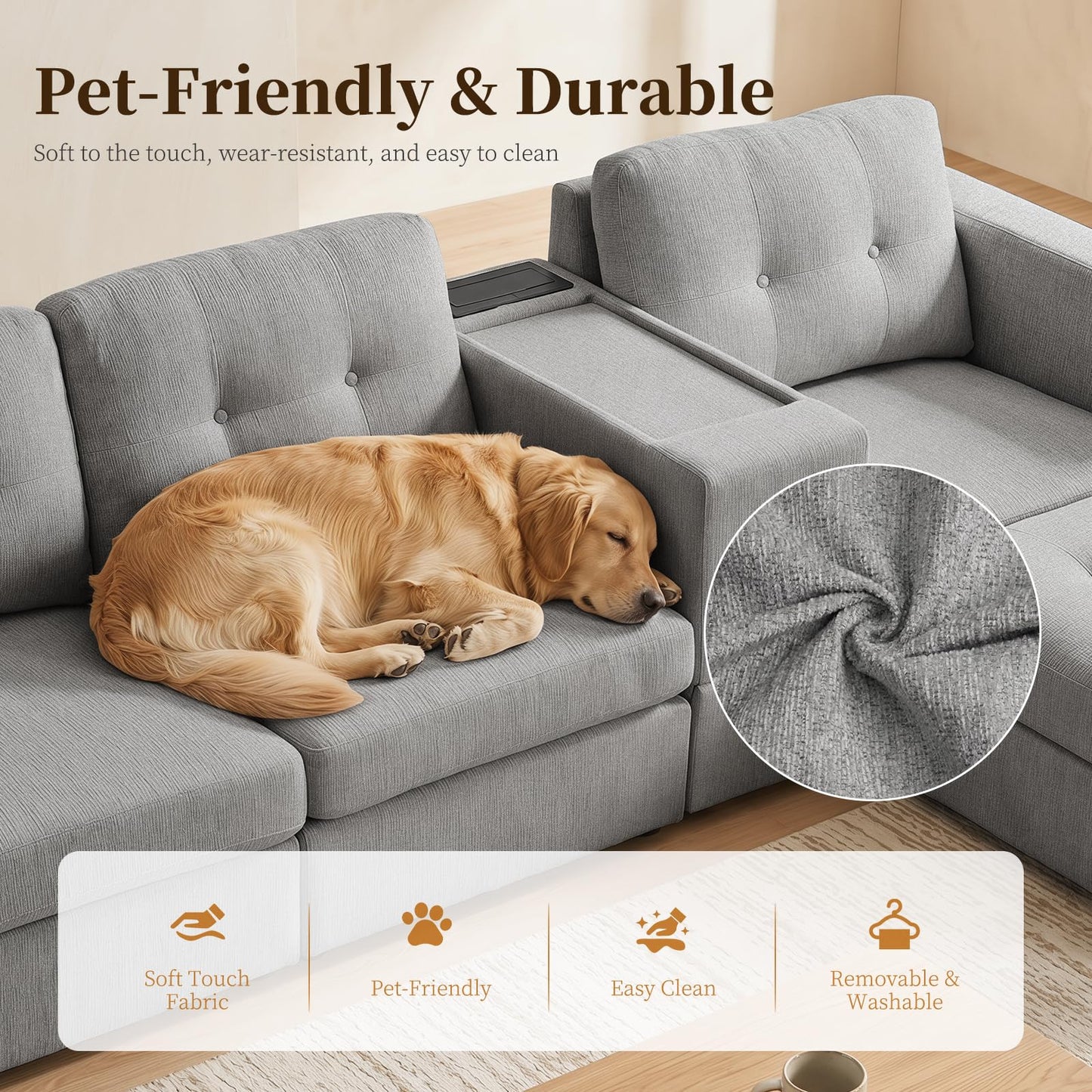 Furnimart 140" Oversized Modular Sectional Sofa with Power Outlets & USB Ports, Storage Console & Ottoman, Deep Seat Chenille Sectional Couch for Living Room, Wood Frame, Grey