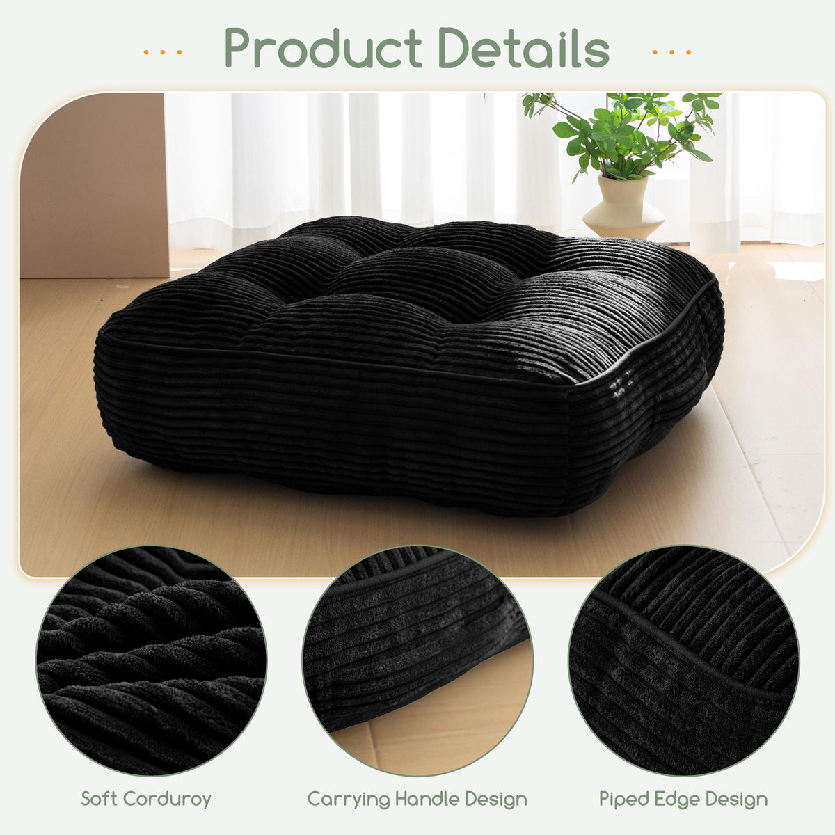 HIGOGOGO 6" Extra Thick Floor Pillow Cushion for Adults, Meditation Cushion Pillow, Large Square Floor Sitting, Tufted Corduroy Cover, for Tatami Living Room or Yoga, 22x22 Inch, Black