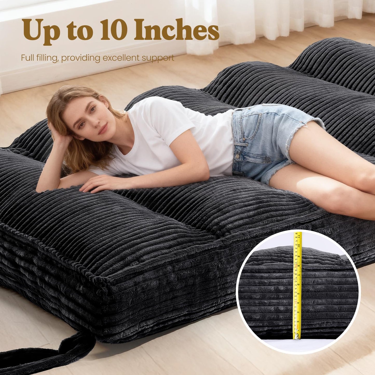NLDD 10" Futon Mattress Full Size, Ultra Thick Futons Sofa Couch Bed Sleeper Sofa Bed, Versatile Floor Futons Japanese Floor Mattress for Adults, Black (Frame Not Included)