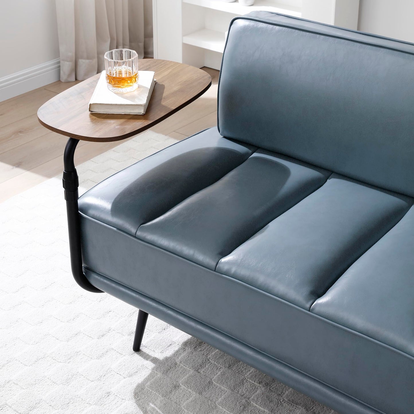 Modern Upholstered End of Bed Bench with 360-Degree Swivel Tray, 2 Seater Sofa Couch with Side Table, Settee Bench with Metal Legs Backrest for Living Room,Entryway,Foyer (PU-With Tray, Grayish Blue)