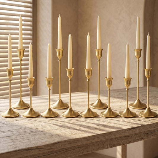 12 Pcs Gold Candlestick Holders, Vintage Metal Candle Holders Taper Candle Stands, Tall Golden Brass Tapered Candle Holder for Wedding Tables Centerpieces Fireplace Decor