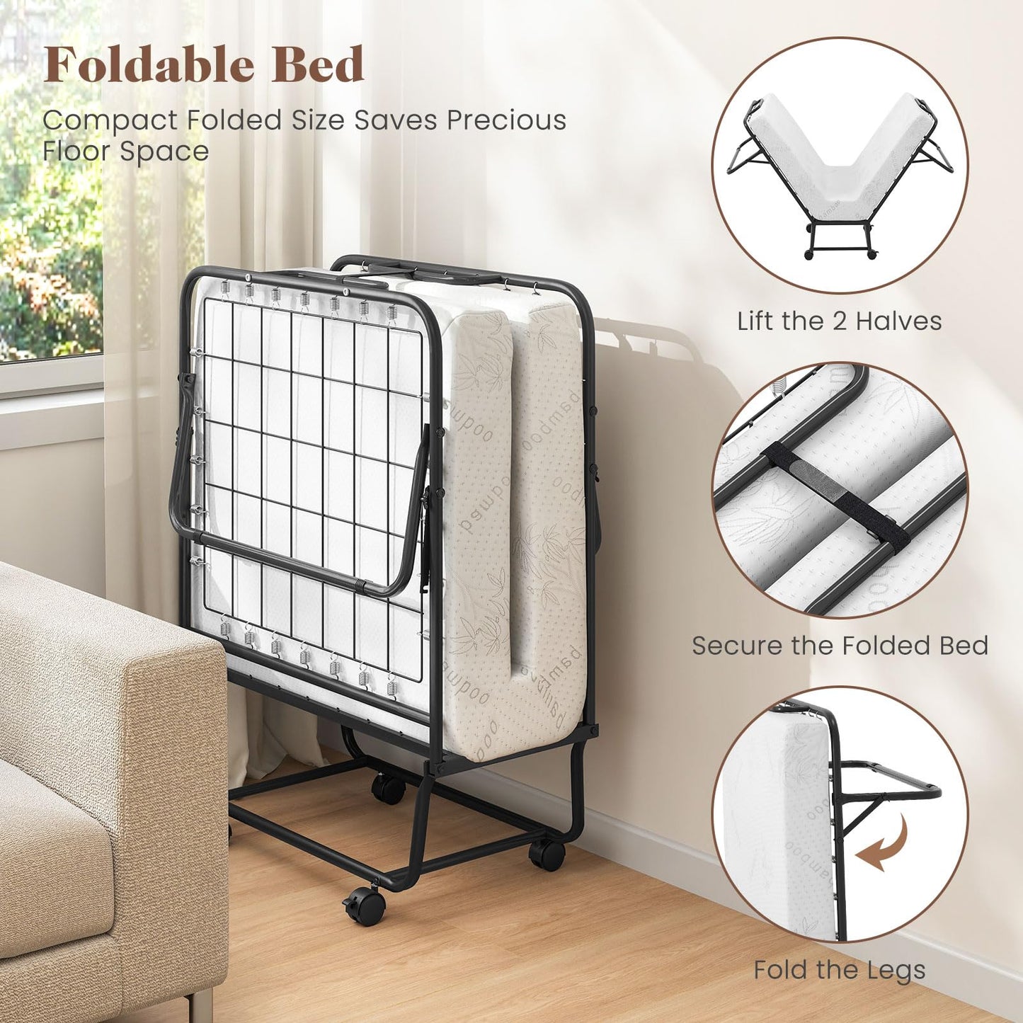 KOMFOTT Folding Bed with Mattress, Cot Size Rollaway Guest Bed with Heavy-Duty Metal Frame & Lockable Wheels, Space Saving Portable Fold up Sleeper Beds for Office, Apartment, Small Spaces