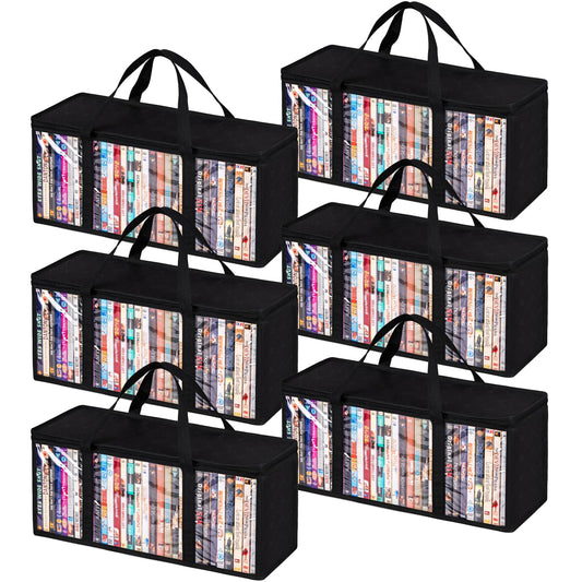 Criusia 6 Pack DVD Storage Bags, Clear PVC Media Organizer with Zipper and Handles, Stackable Holder Case for CDs, Blu-ray, Video Games, Albums, Movie Cases