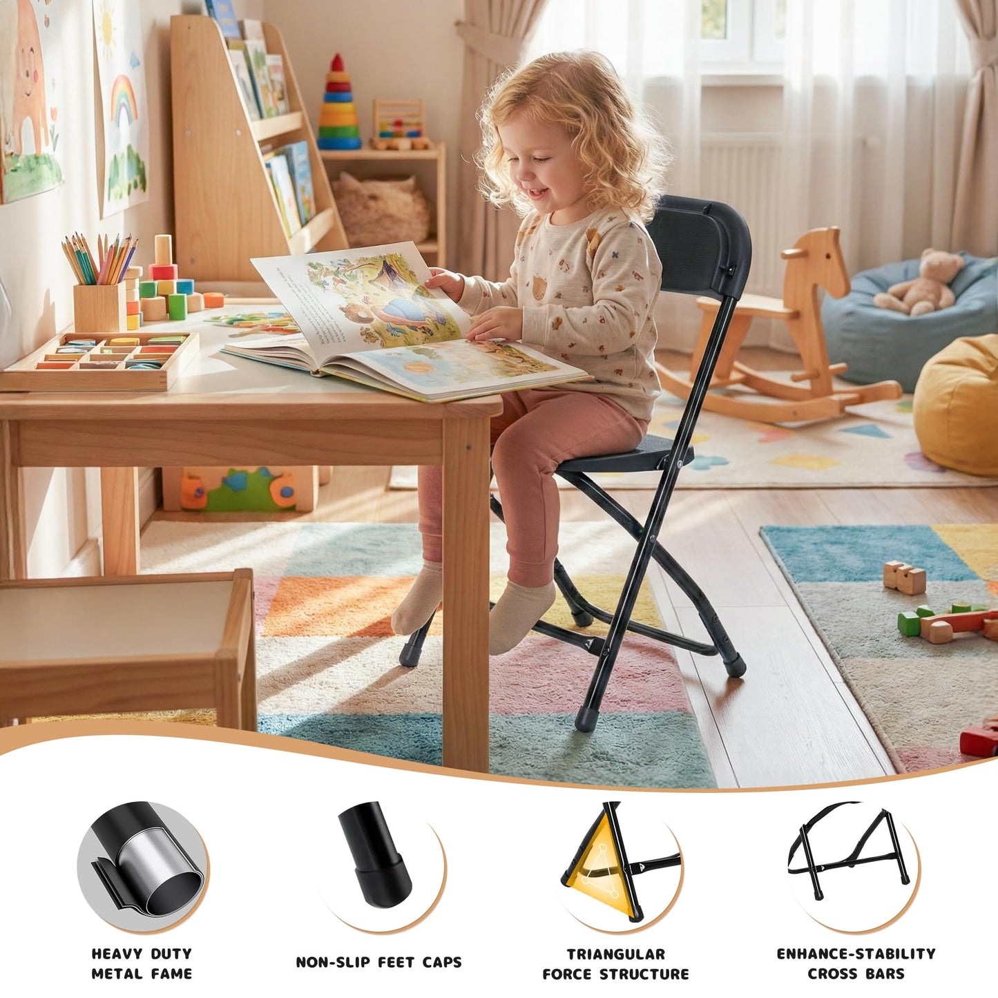 LING RONG 4 Pack Kids Black Plastic Folding Chair with Metal Frame for Toddler&Children, Lightweight and Stackable Foldable Seats for Indoor, Outdoor, Classrooms, Desks, Parties, Events