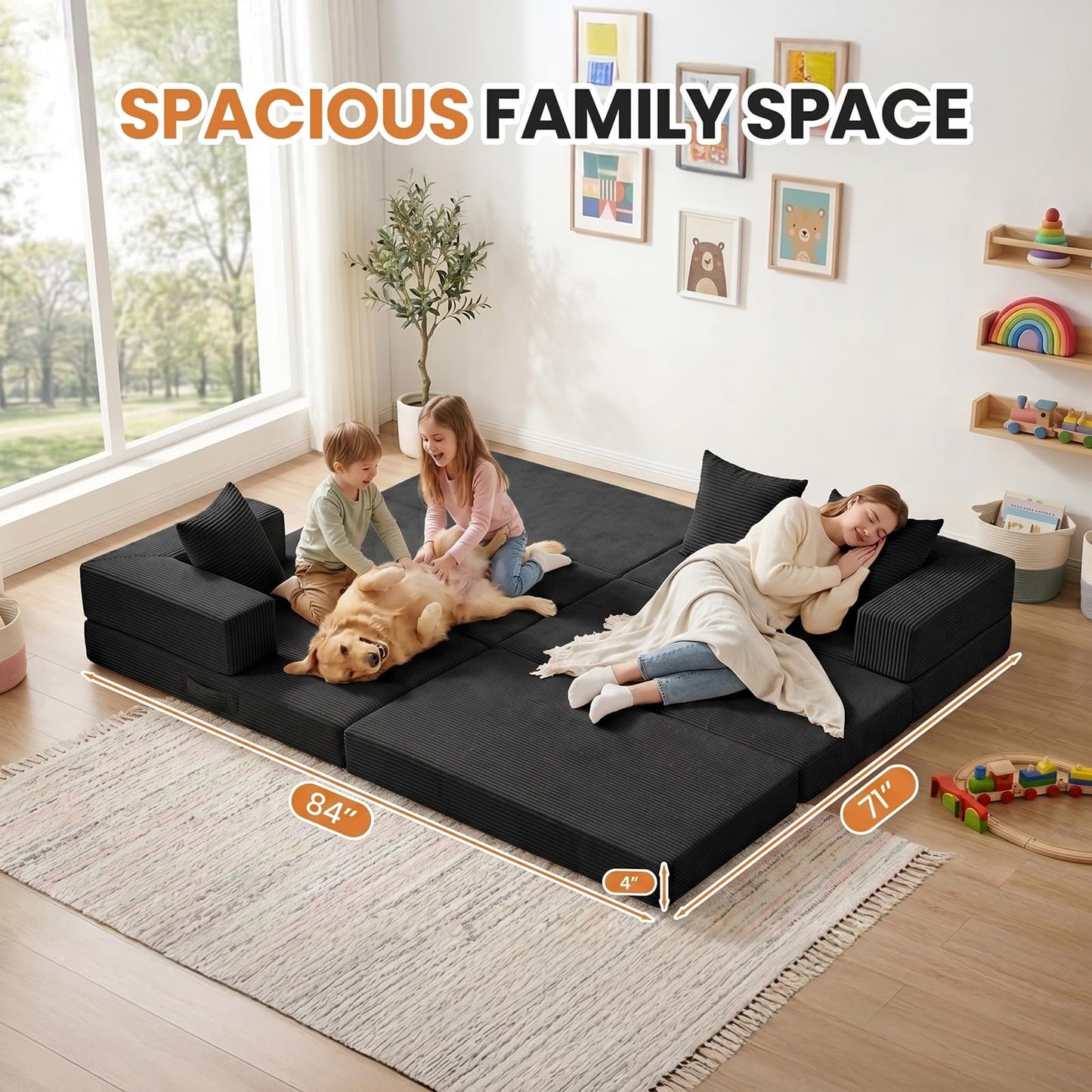 65" Boneless Couch,Convertible Sleeper Sofa Bed, Modular Sectional Sofa, Modern Tri-Folding Cloud Couch with L-Shape Chaise, Corduroy Futon Couches for Living Room Small Spaces Apartment,No Assembly