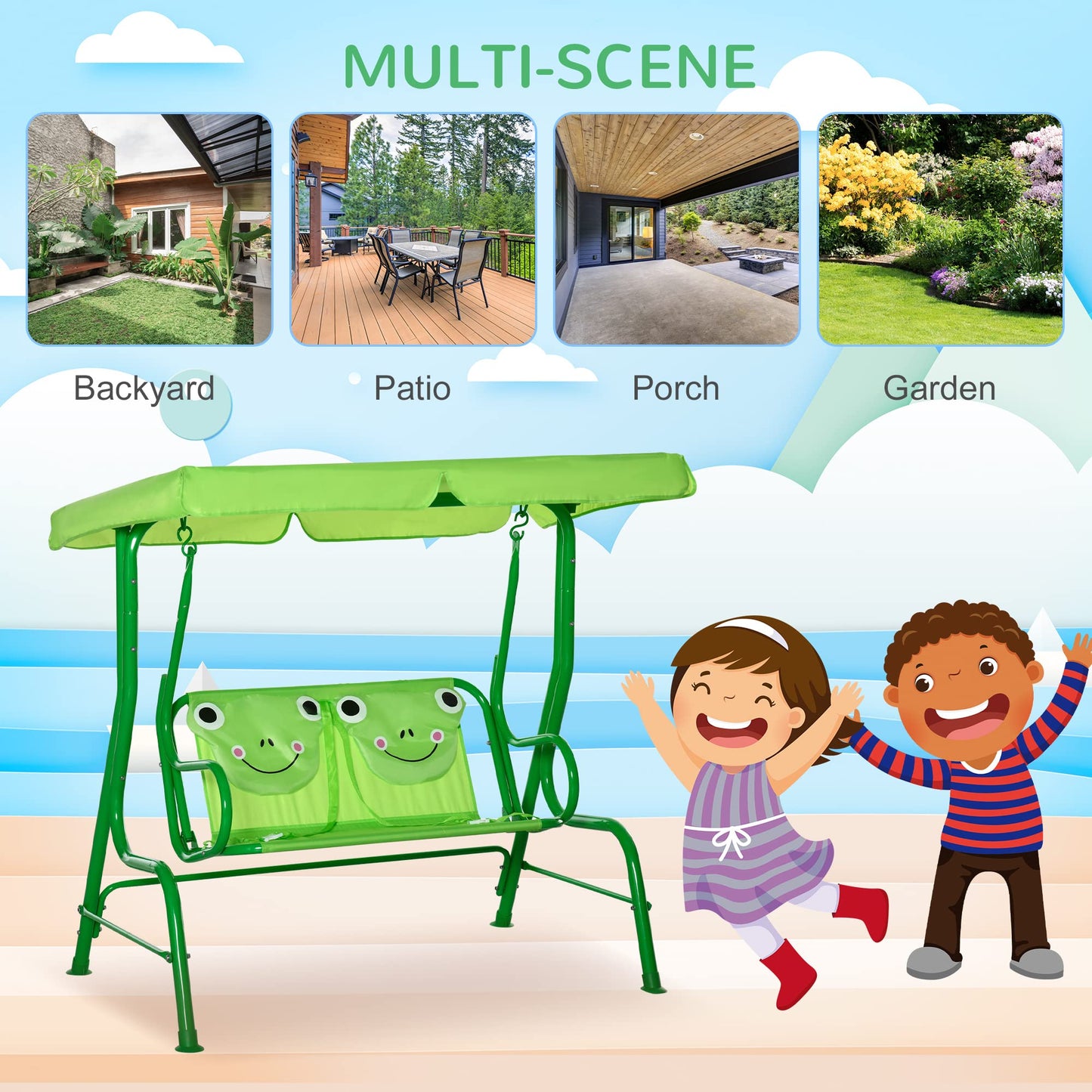 Outsunny Kids Patio Swing, 2-Seater Outdoor Swing Chair with Adjustable Canopy and Safety Belt, Frog Pattern Hanging Swing Bench for Garden or Backyard, Green