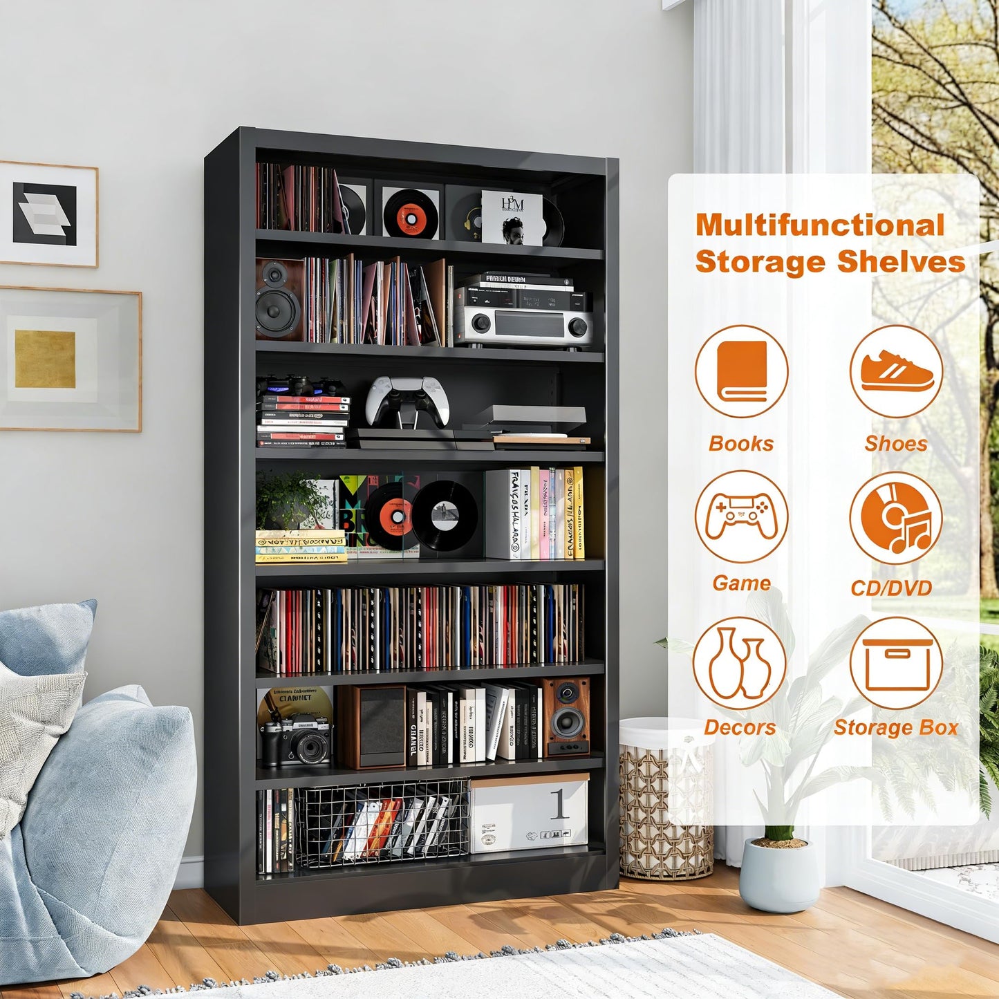 DUTYSEST Metal DVD Storage Shelves, 7-Tier CD Storage Rack with Adjustable Shelves, DVD Organizer Shelf, Media Cabinet for CD Holder, Movies, Blu rays, Games for Living Room & Home Office (Black)