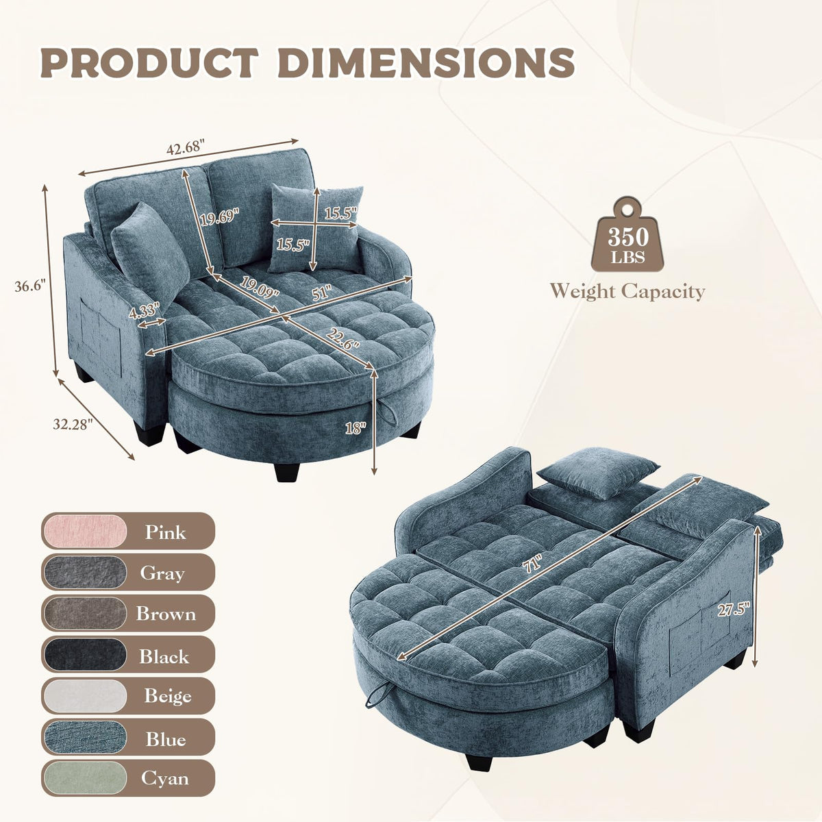 GEEVIVO Oversized Chaise Lounge Chair Indoor with Curved Ottoman, Blue
