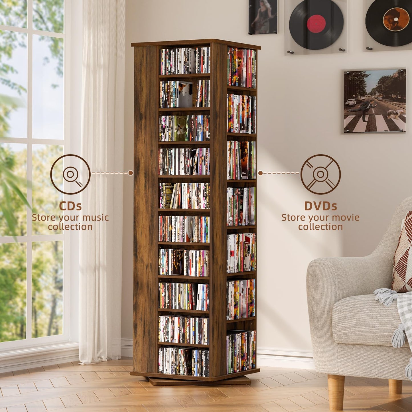 LELELINKY DVD Storage Shelf,Rotating DVD Rack w/Adjustable Shelves, Brown