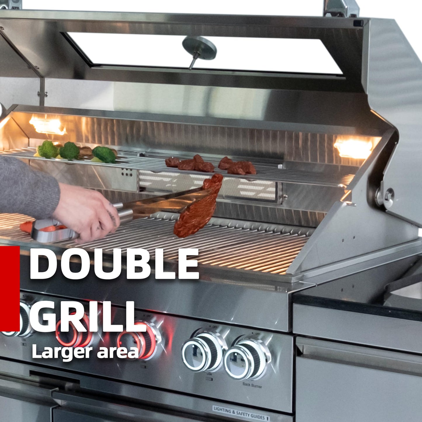 Outdoor Kitchen Island Gas Grill Pizza Oven Refrigerator Granite Countertop Sink Faucet Storage Cabinets Drawers Stainless Steel Barbecue Station Infrared Burner Side Range Warming Rack Gauge (Silver)
