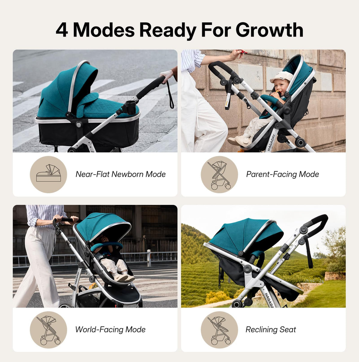 Hagaday Baby Stroller, 2-in-1 Reversible Toddler Seat with Lie-Flat Mode