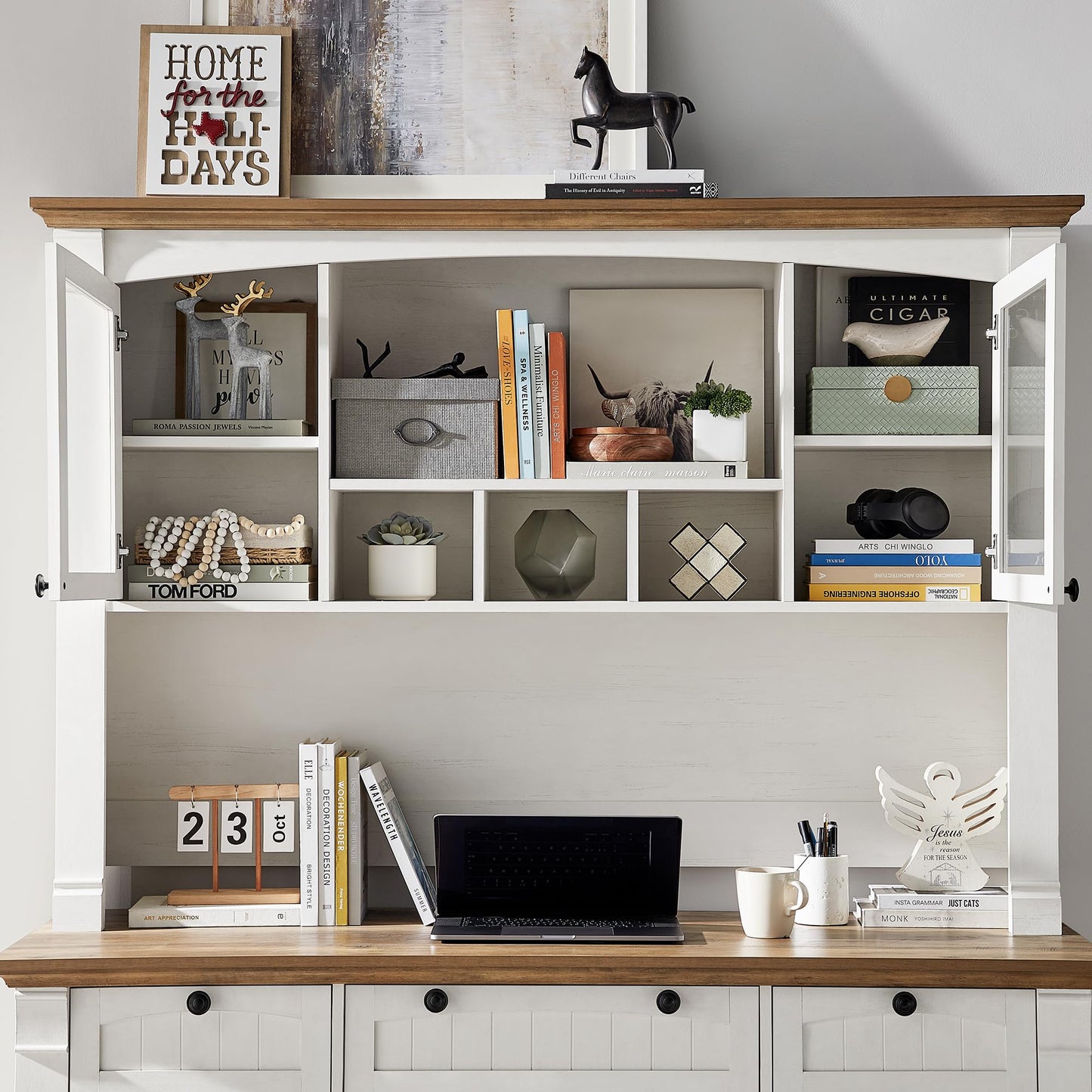 OKD 60" Farmhouse Desk Hutch, Glass Door Storage Cabinet, Antique White