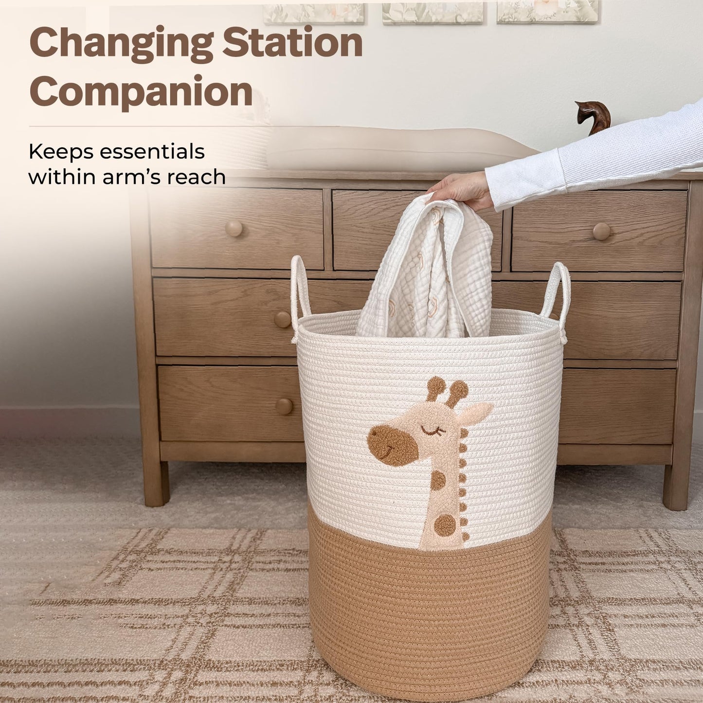 Baby Laundry Basket & Nursery Hamper – 20"x15" Large Giraffe Baby Hamper for Nursery Decor, Tall Woven Rope Dirty Clothes Laundry Hamper with Handles, Safari Animal Baby Room Storage Bin (White & Tan)