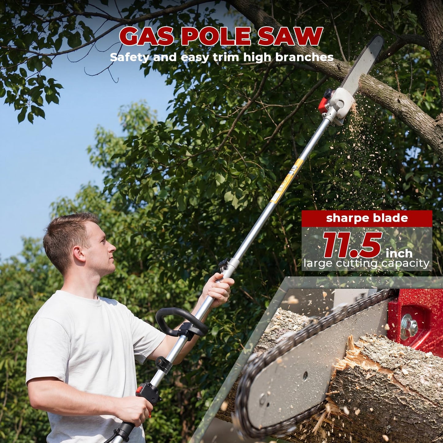 Pole Saws Gas Powered 6-in-1, 58CC 2-Cycle Powerful Gas Pole Saw Include String Trimmer Brush Cutter Pole Saw Hedge Trimmer Brush Cutter for Yard, Garden