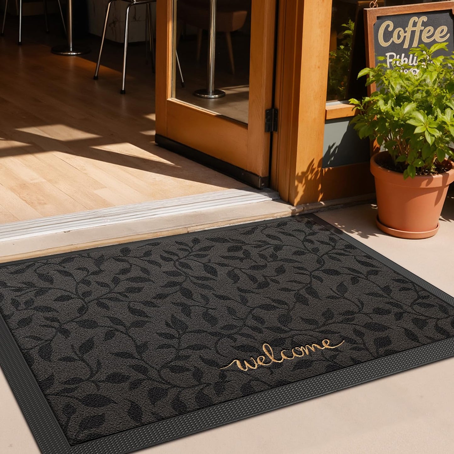 LUMI Premium Front Door Mat 24"x36", Non-Slip Heavy Duty Rubber Welcome Mats, Embroidered Tree Dirt Trapper Doormat for Indoor Outdoor Entryway, Porch, Patio, Grey Gold Leaf