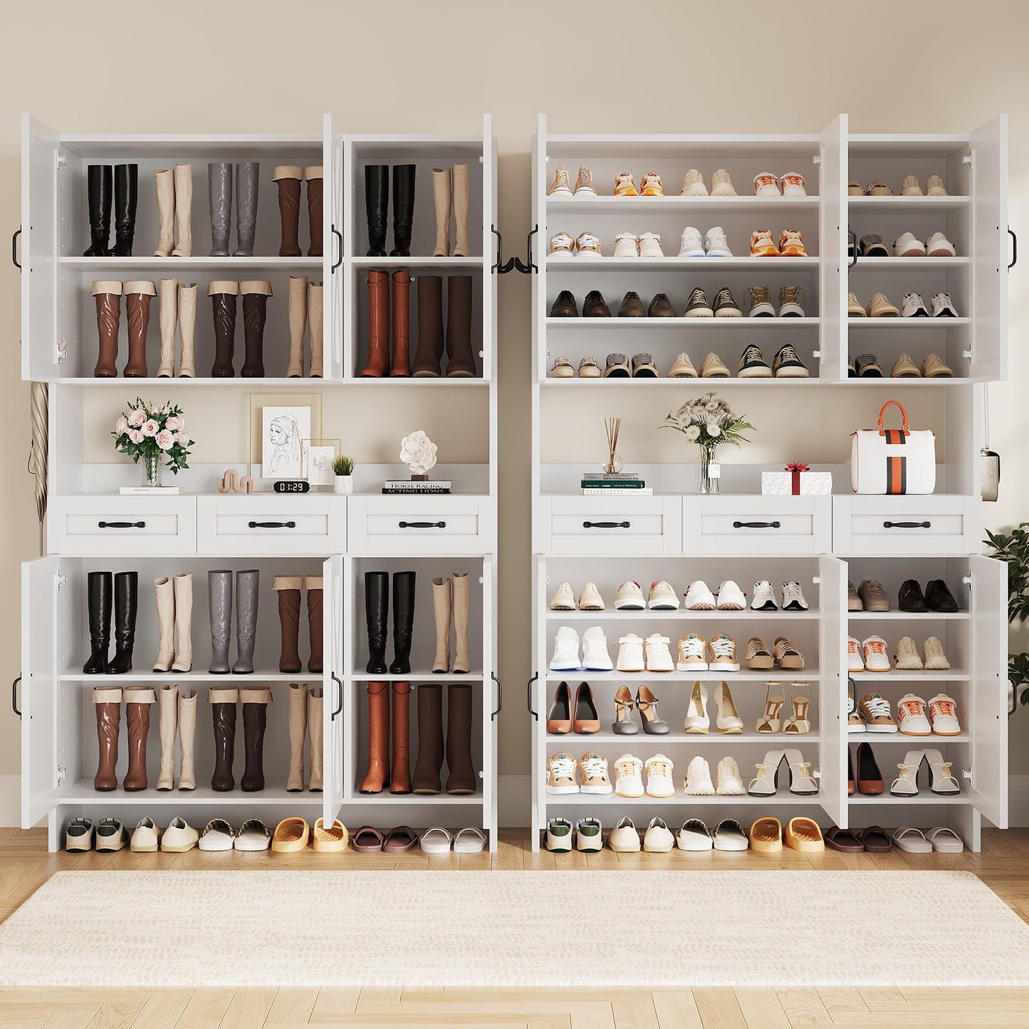 Tall Shoe Cabinet with 5 Tiers, 3 Drawers & 6 Barn Doors, Farmhouse Shoe Rack Organizer, Adjustable Shelves, Solid Wood Legs, White, for Entryway