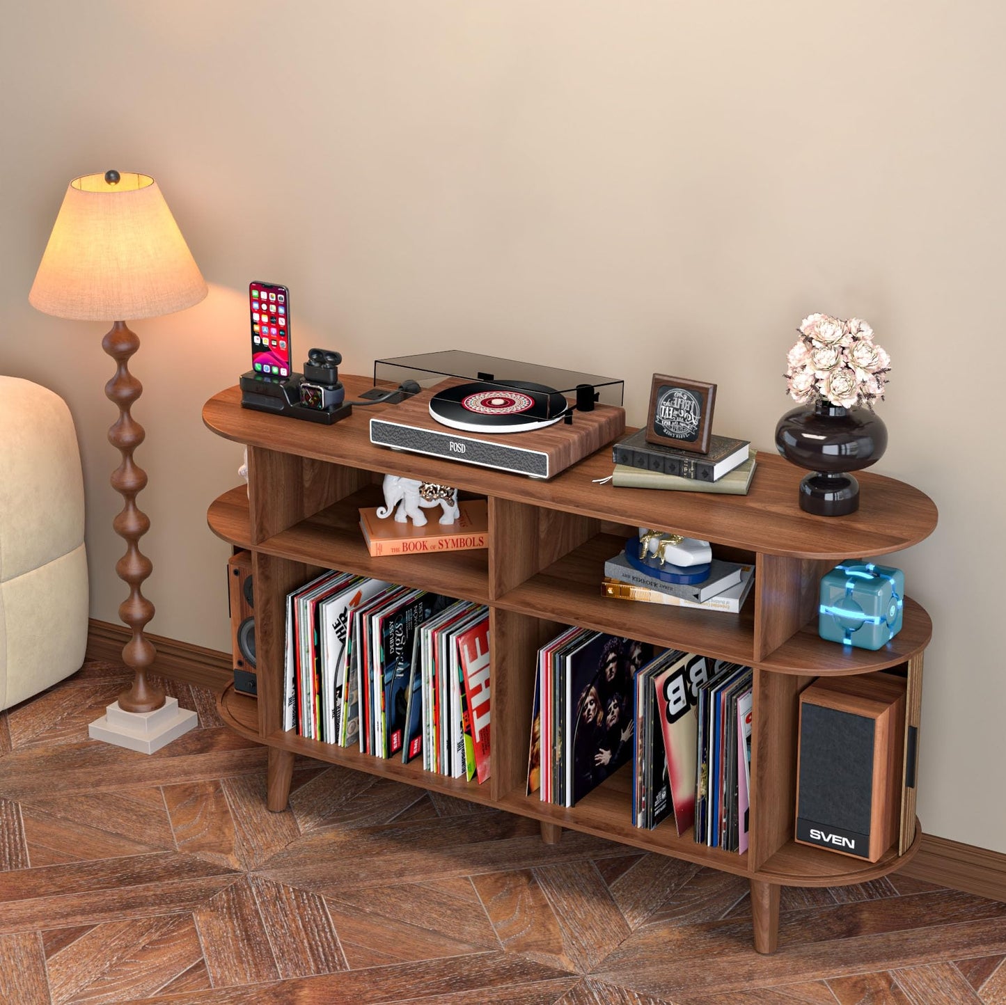 LUVIOHOME Large Round Record Player Stand with Charging Station & USB Ports，Record Storage Cabinet, Mid Century Modern Turntable Stand for Bedroom Living Room (Walnut)