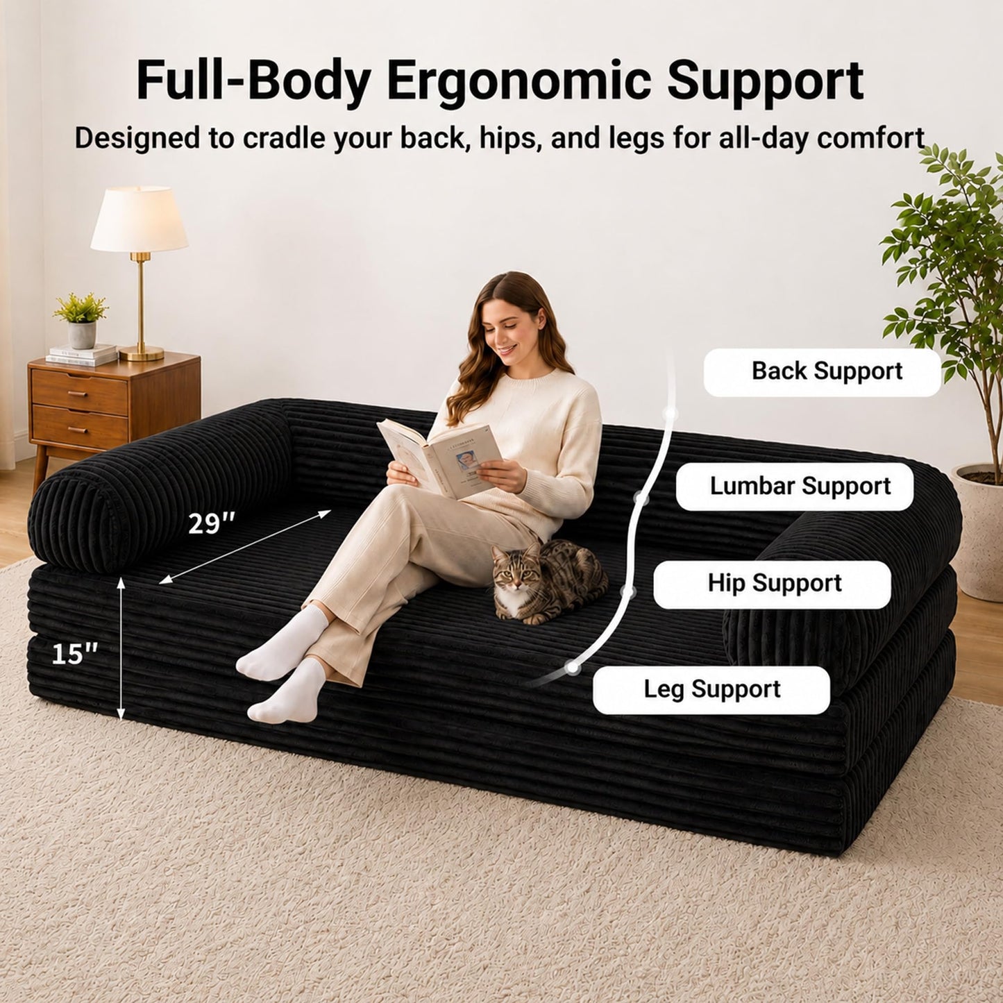 Claiks 75" Convertible Sofa Bed, Corduroy Futon Couch Pull Out Bed, No Assembly Boneless Couches for Living Room Bedroom Apartment, Black
