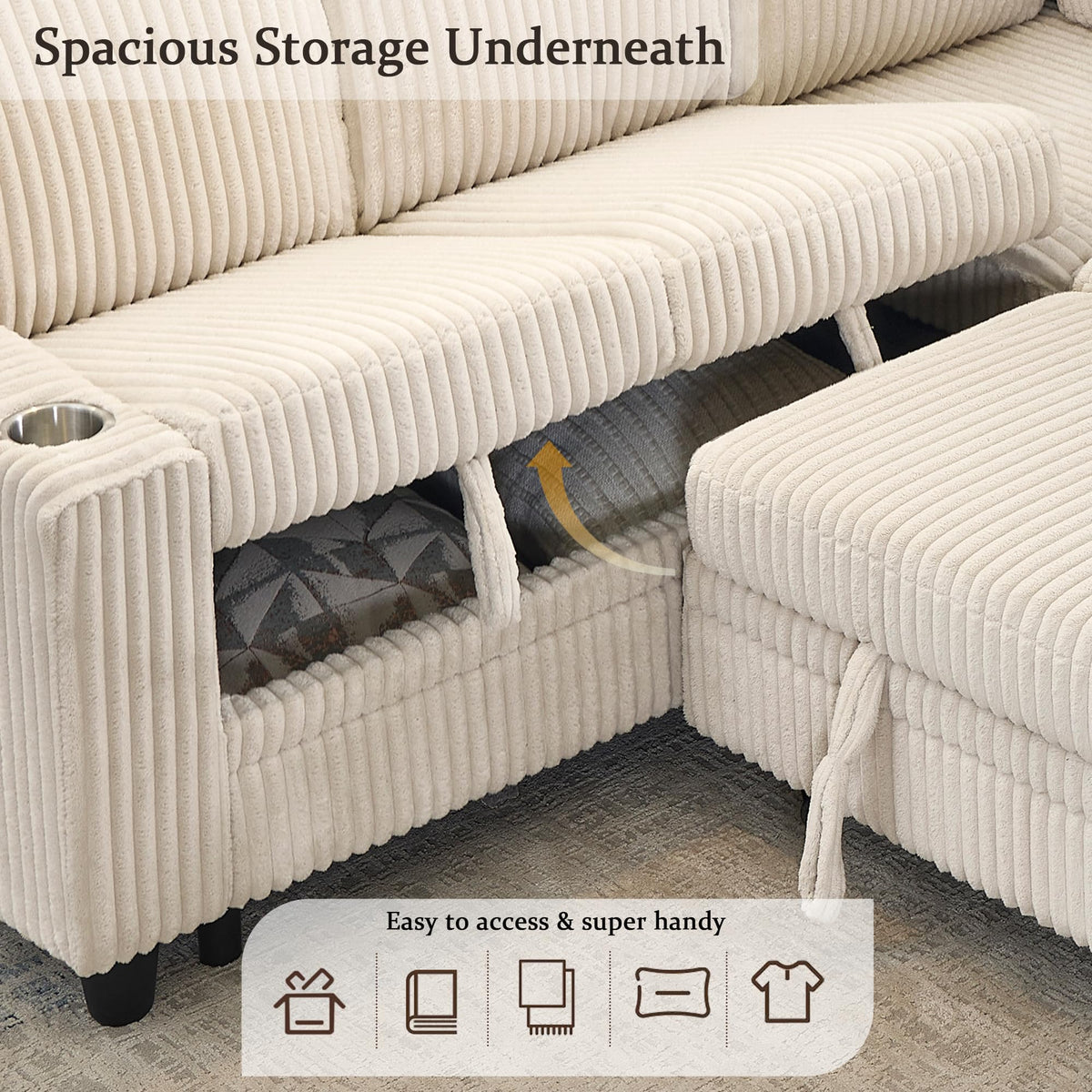 KavlSean 81" Corduroy L Shaped Sectional Sleeper Sofa Pull Out Bed 5-Seater