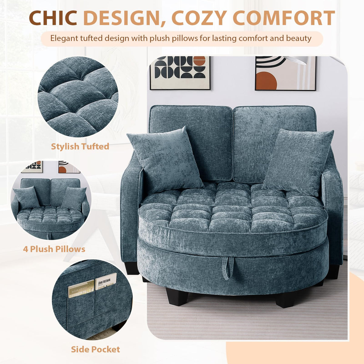 GEEVIVO Oversized Chaise Lounge Chair Indoor with Curved Ottoman, Blue