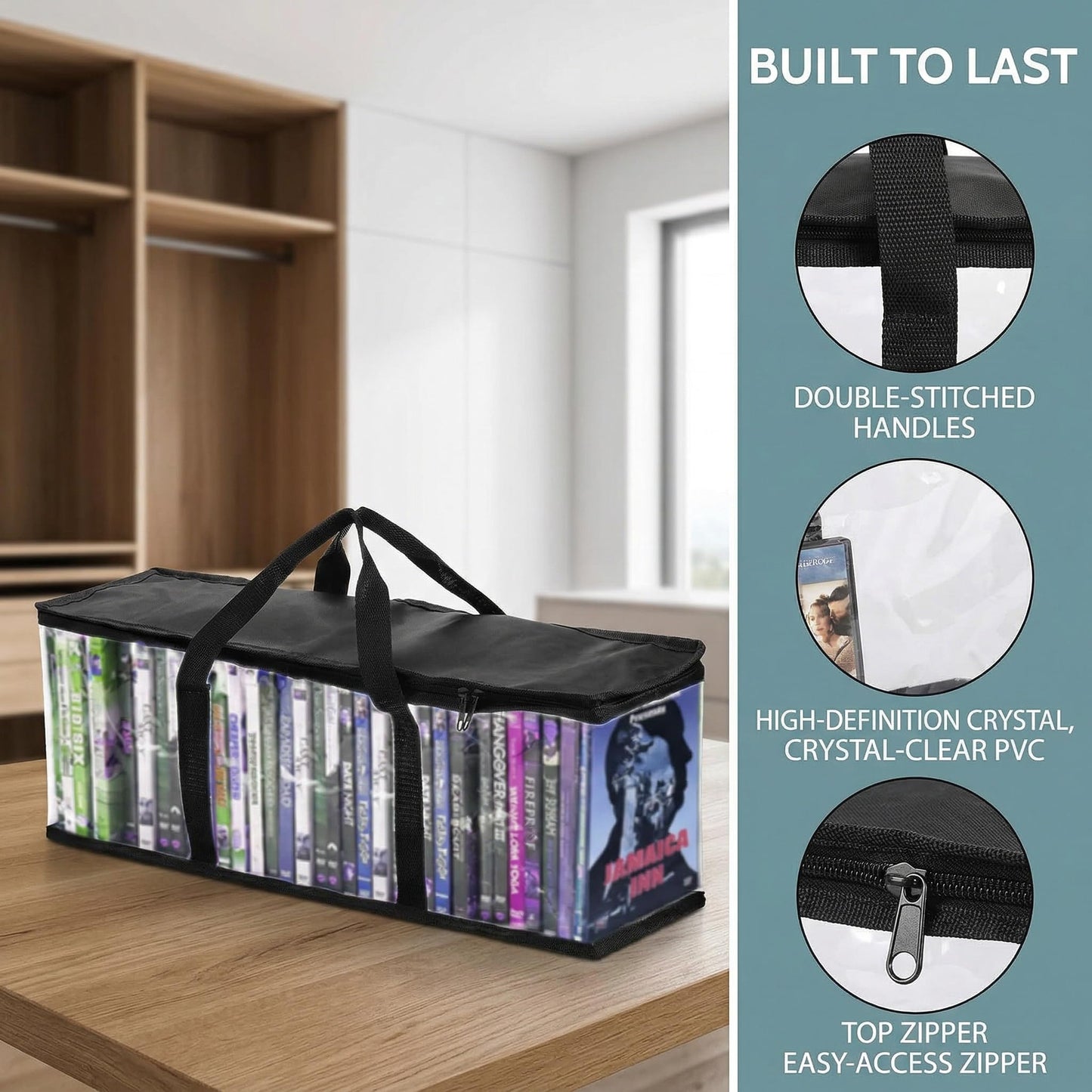 Fasmov Set of 4 DVD Storage Bags Hold up to 160 DVDs (40 Each Bag), Water Resistant DVD Holder Case with Handles, Transparent PVC Media Storage for DVDs, CDs, Video Games, Books