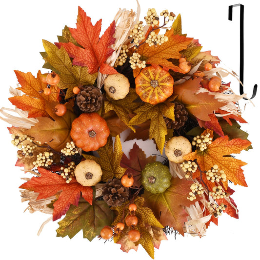 24 Inch Fall Wreaths for Front Door,Autumn Pumpkin Maple Wreath with Hanger