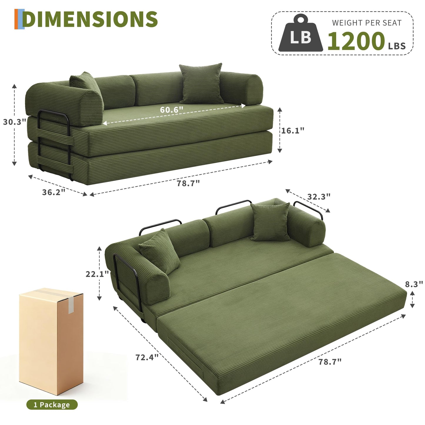 GarveeHome 79" Convertible Sleeper Sofa Bed Couch, 4-in-1 Boneless Corduroy Folding Sofa Bed with Pillow & Fixed-Shape, Floor Mattress Couch Loveseat for Living Room Apartments - No Assembly, Green