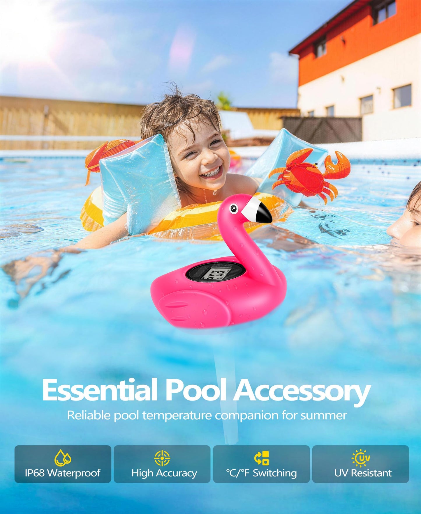 PoolLeader 2026 Flamingo Pool Thermometer Solar-Powered | Auto Backlight for Easy Night Read | Pool Temperature Thermometer with Rope | Floating Pools Temperature Gauge for Hot tub- All Round Year Use