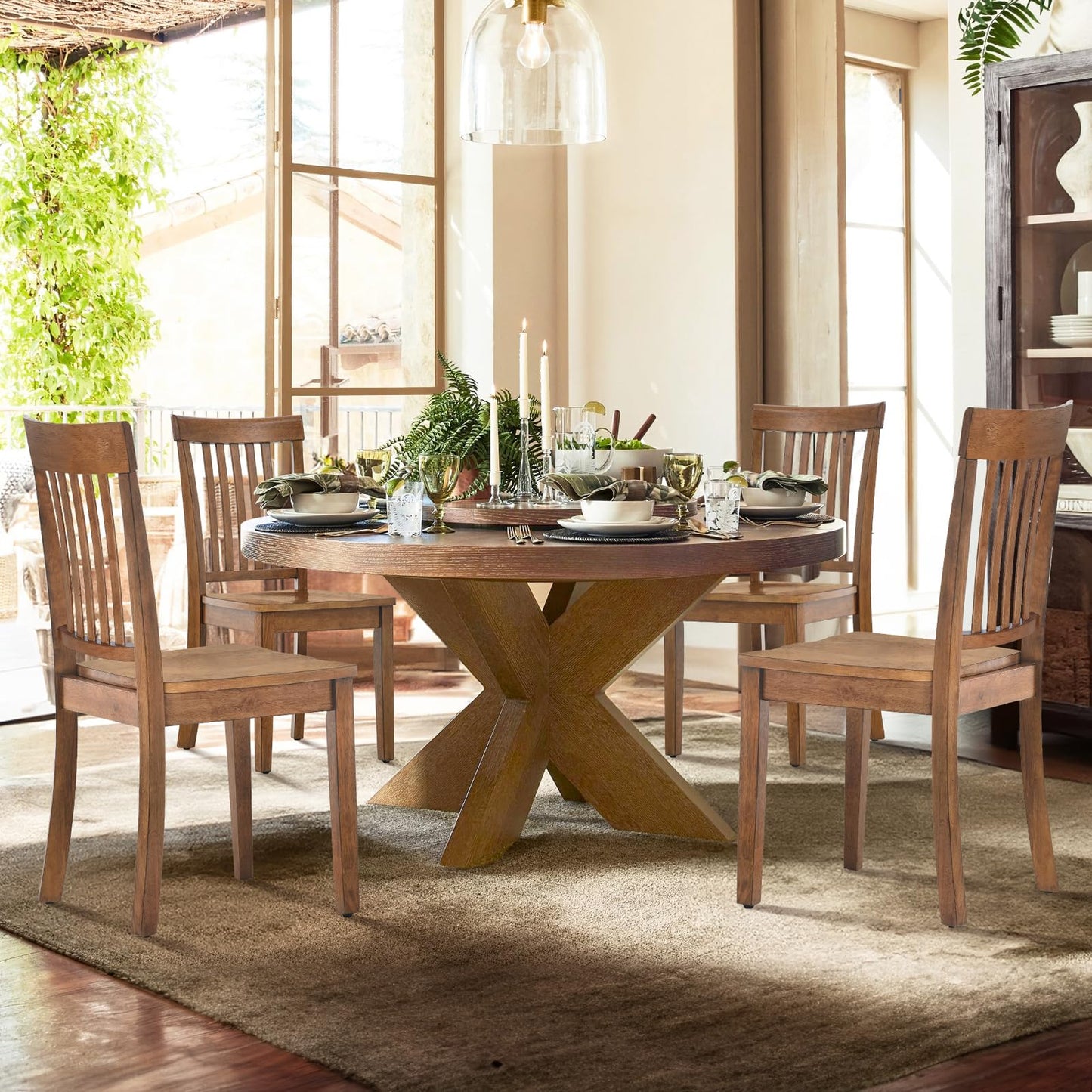 COLAMY Wooden Dining Room Chairs Set of 6, Spindle High Back Windsor Kitchen Side Chair, Farmhouse Dining Chairs for Kitchen, Dining Room, Light Brown