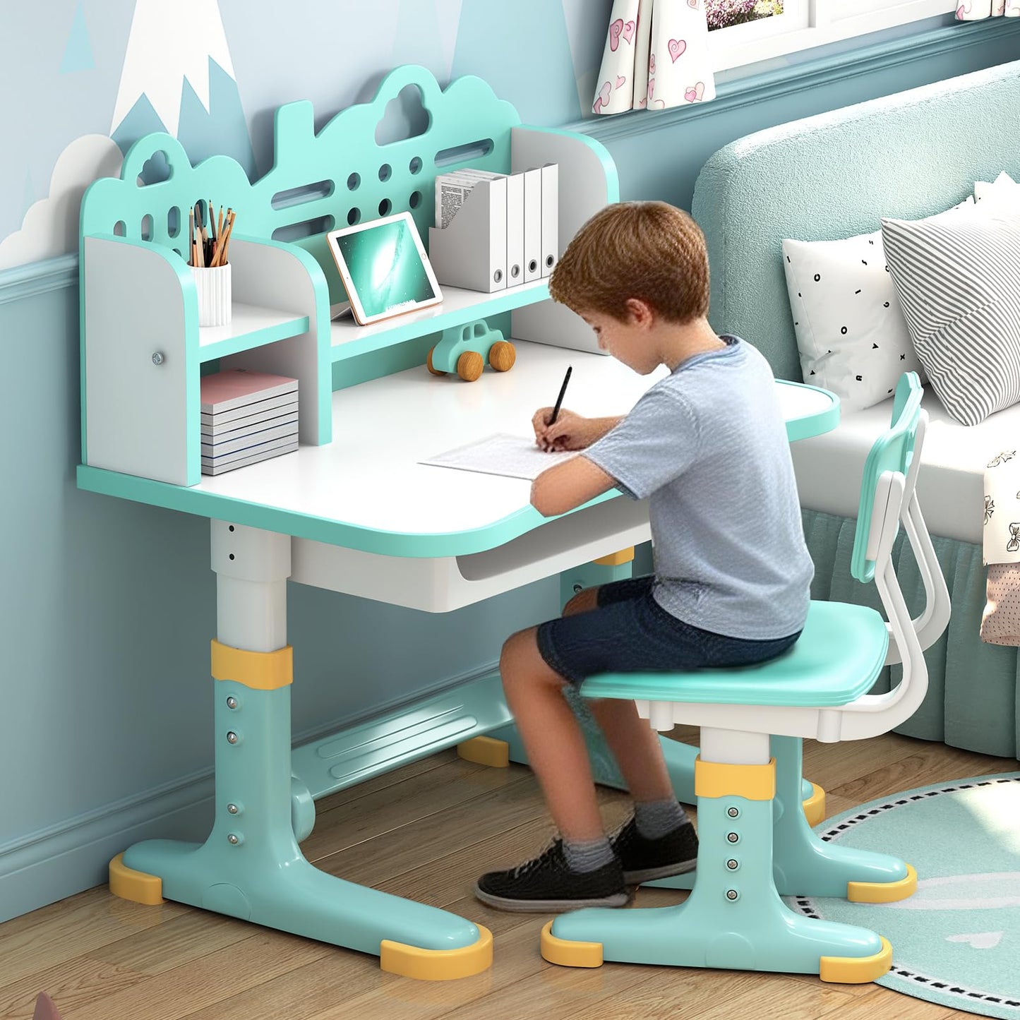 Kids Study Desk and Chair Set - Height Adjustable Study Writing Table with Bookstand and Storage Drawer, Child School Study Writing Table Ergonomic Widened Desktop Art Desk for Boy & Girl (Cyan)