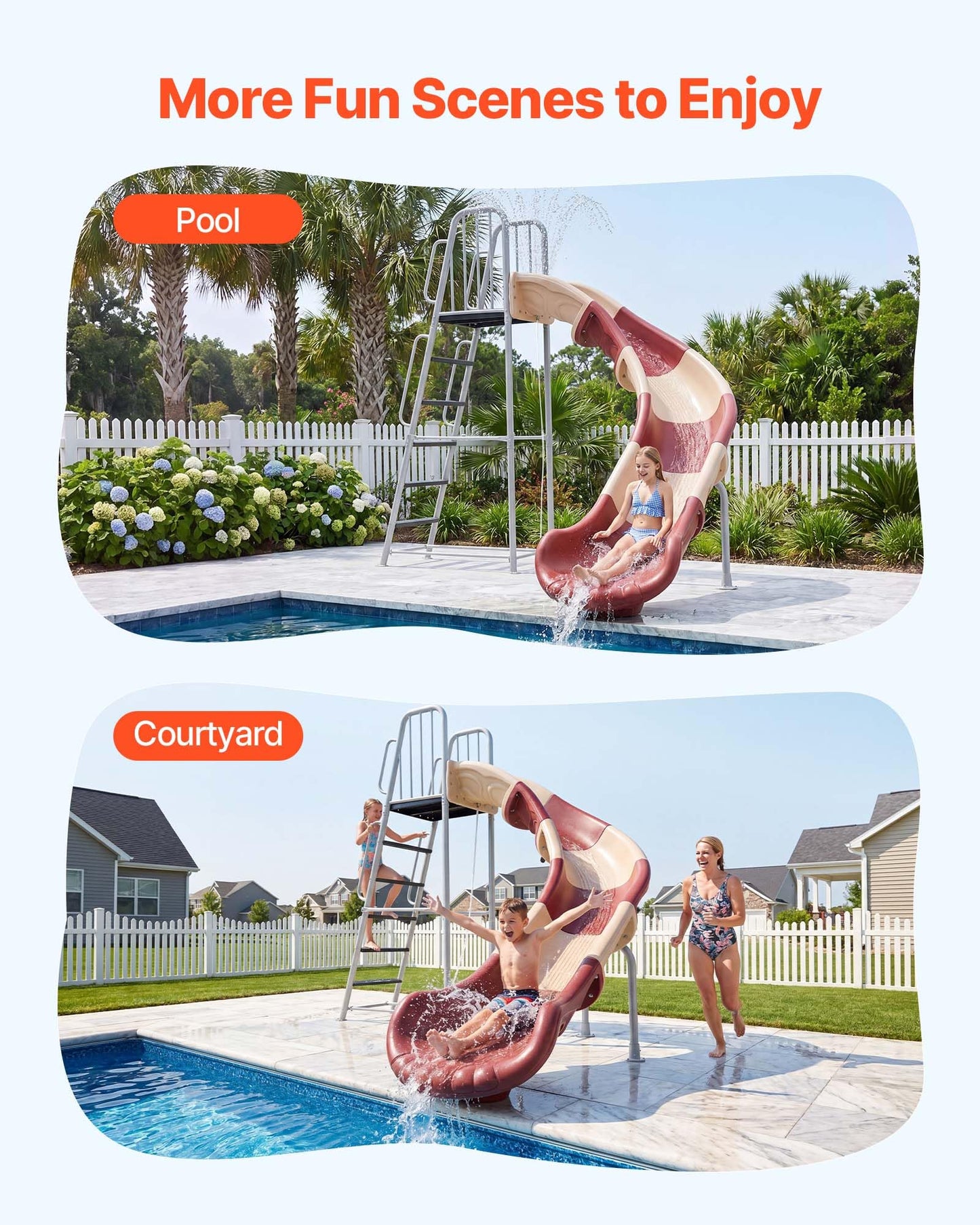 VEVOR Water Slide, Big 10 ft Outdoor Curved Waterslide with Built in Adjustable Sprinkler and Ladder, Free Standing Pool Slide, Metal & Plastic Playground Equipment, Platform for Backyard Fun