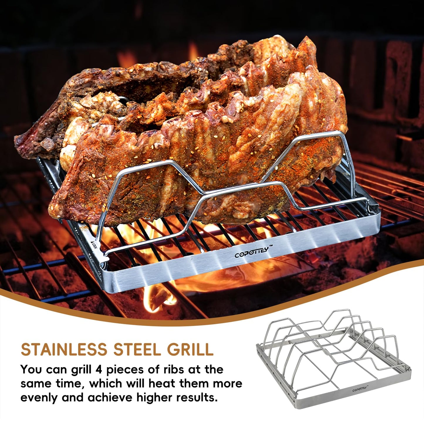 COPOTTEY Foldable Rib Rack for Smoking, Stainless Steel 10 in Rib Rack with 2 Meat Shredder Claws, and Black PP Tray, Perfect for Grilling, Smoking, and Serving, BBQ Accessories