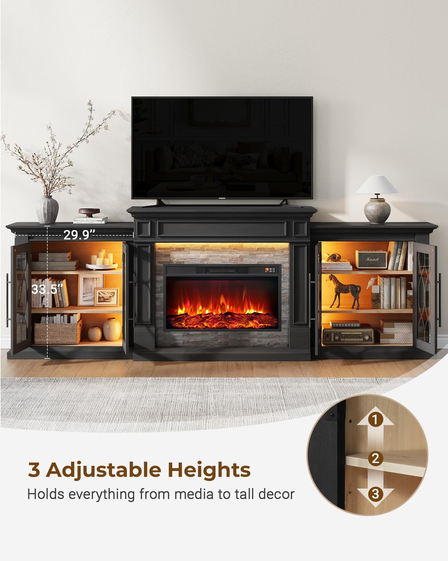 LGHM 104" LED Fireplace TV Stand with Outlet for TVs Up to 100 Inch, Electric Fireplace with Mantel, Entertainment Center with Storage, 30'' Fireplace Heater Insert with for Living Room, Black