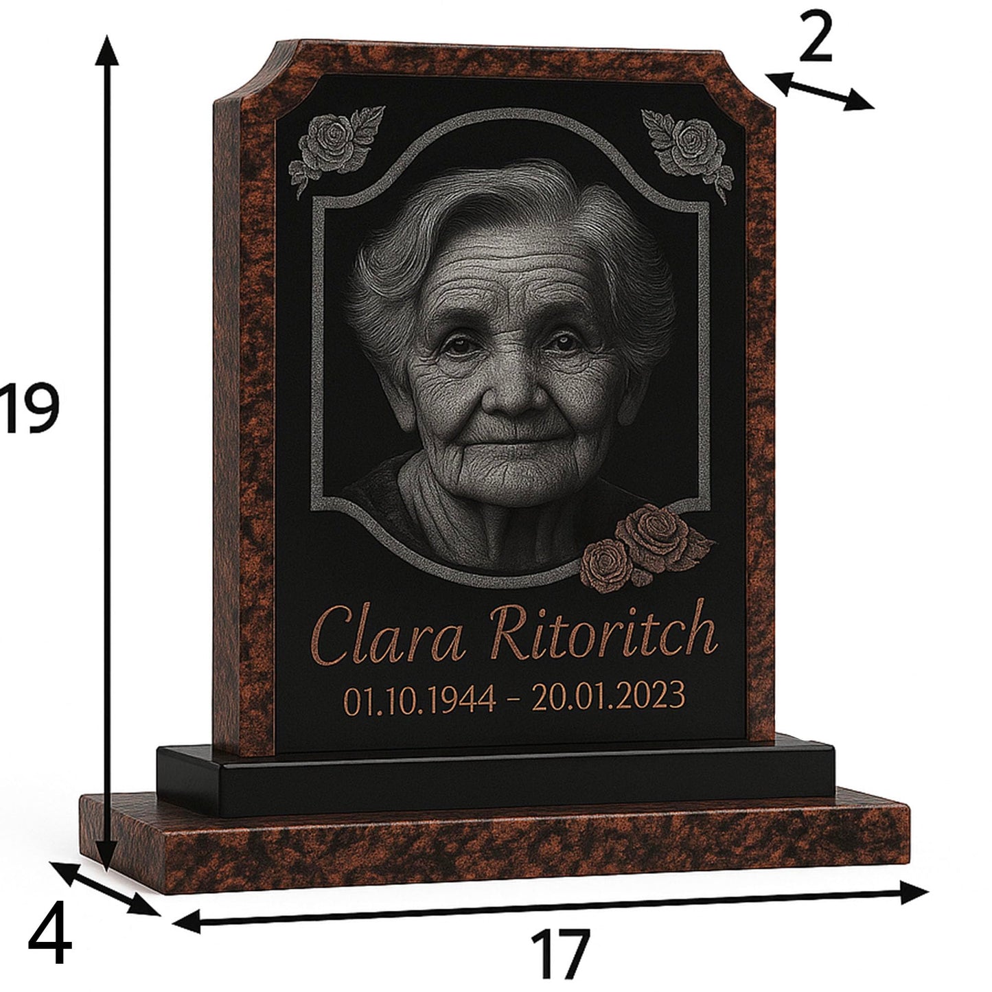 Granite Headstone for Cemetery – Upright Black Memorial Monument with Base – Classic Polished Religious Grave Marker – Custom Engraving, Durable Outdoor Use, 19" Vertical Plaque (Brown)