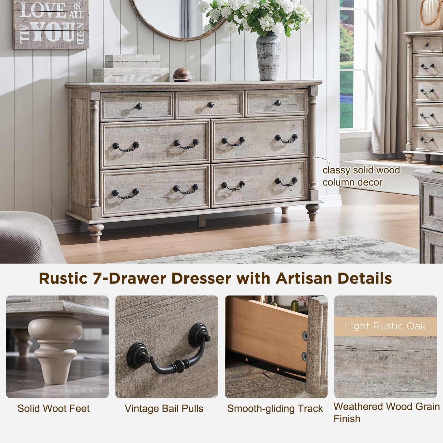 T4TREAM Farmhouse 7 Drawers Dresser Chests for Bedroom w/ 4 Column Solid Wood Feet, Tall Wide Wood Country Rustic Chest of Drawers, Storage Dressers for Bedroom, Living Room, Light Rustic Oak