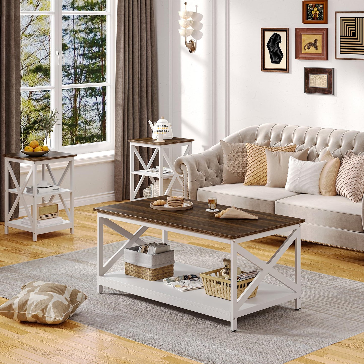 Bigbiglife Living Room Coffee Table Set of 3, Industrial X-Design Coffee Table and 2 End Side Tables, 3 Piece Living Room Table Set with Large Storage for Apartment Home (White+Walnut Brown)