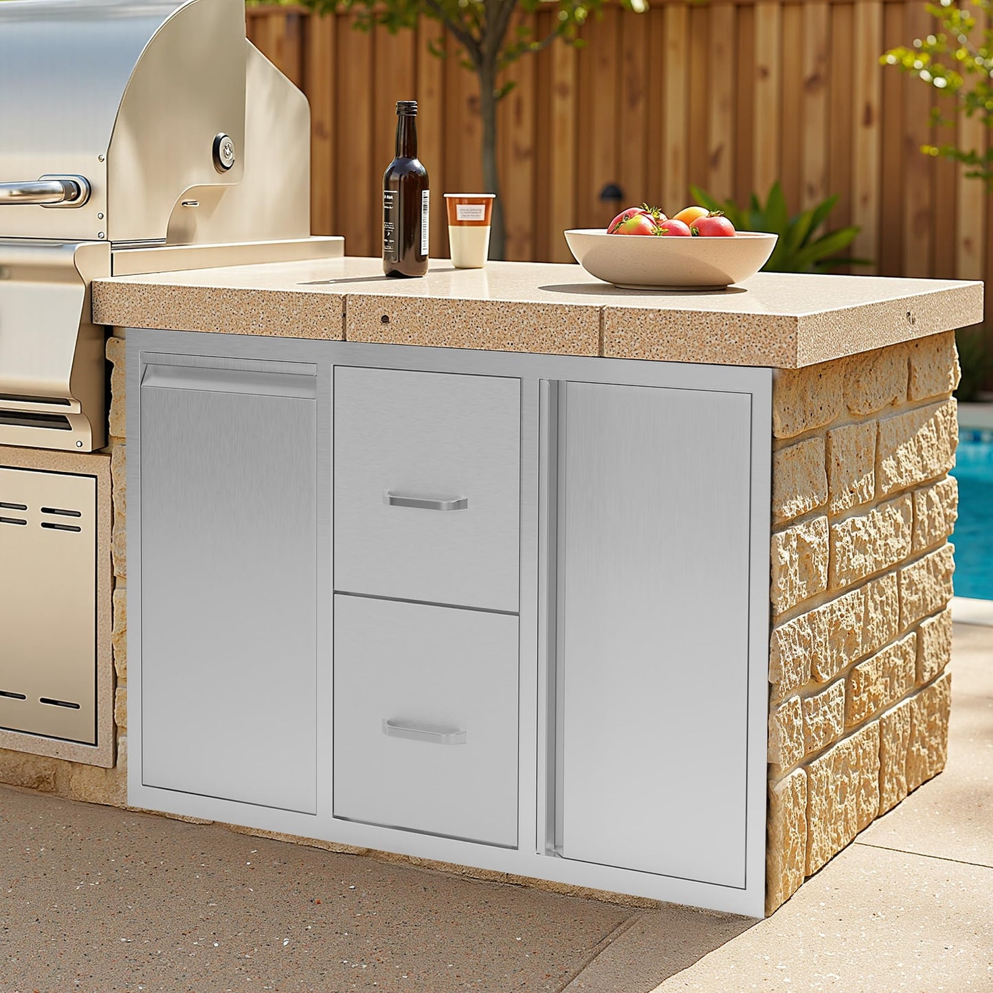 Jocisland 41.5" W×20" D×23" H Stainless Steel Outdoor Kitchen Drawers, Double Drawers with Trash Drawer & Door, 3-Tier Cabinet, Built-in BBQ Island Storage for Outdoor Kitchens
