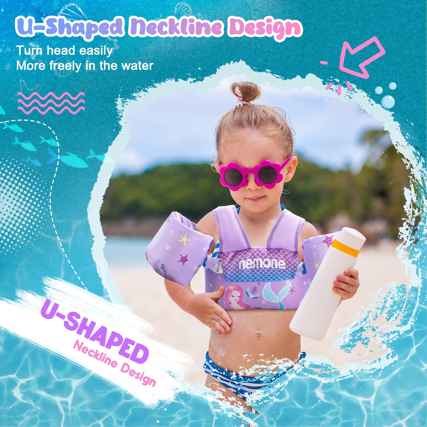 NEMONE Toddler Swim Vest for 22-70 lbs Kids Floaties Swim Jacket with Arm Water Wings for Girls Boys 2 3 4 5 6 10 Years Old Sea Beach Pool (Purple Mermaid)