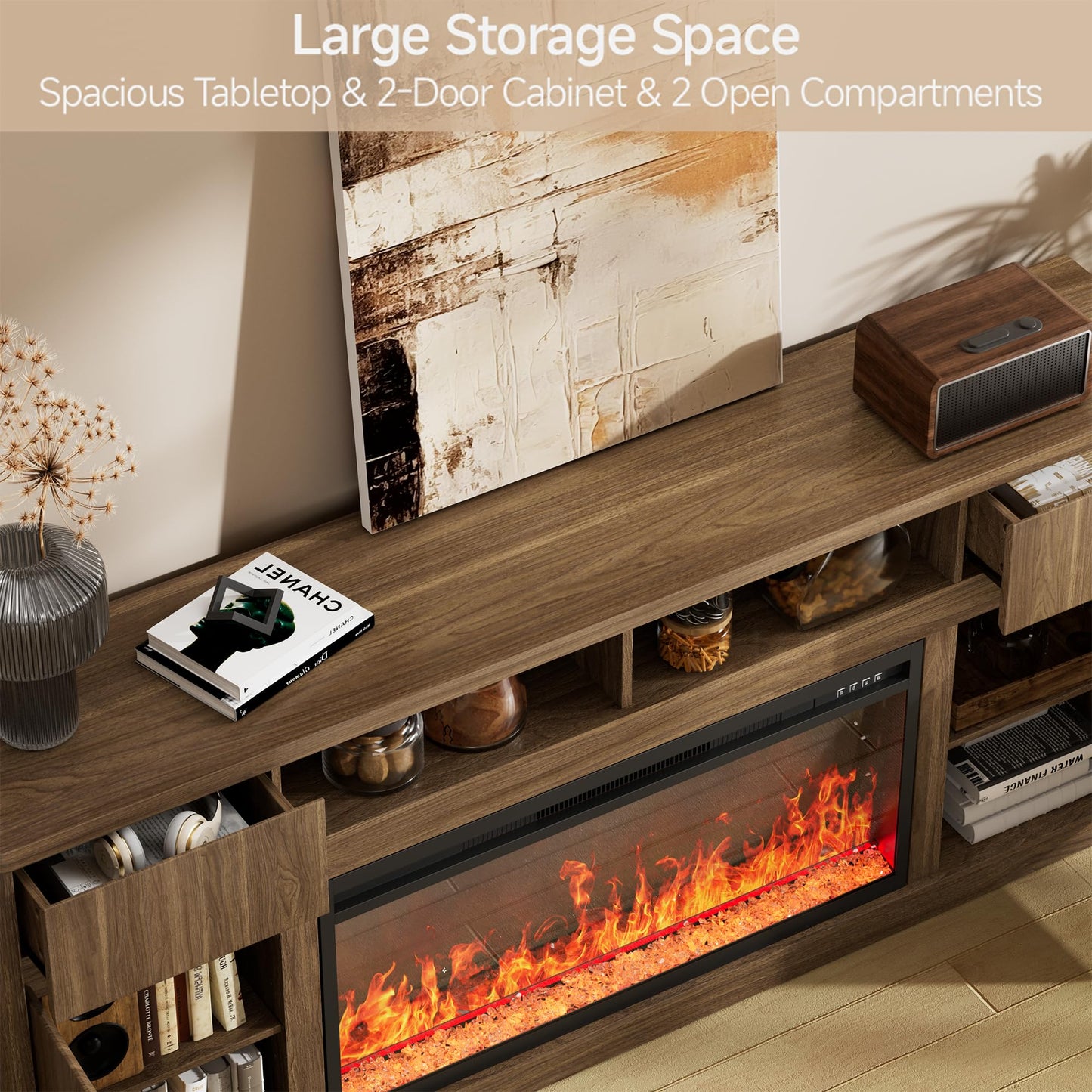 100”Fireplace TV Stand w/Drawer,Fluted Entertainment Center,36" Fireplace w/LED Flame,Fits TVs Up to 100",Modern Media Console with Storage Cabinet & Adjustable Shelves,Living Room,Walnut