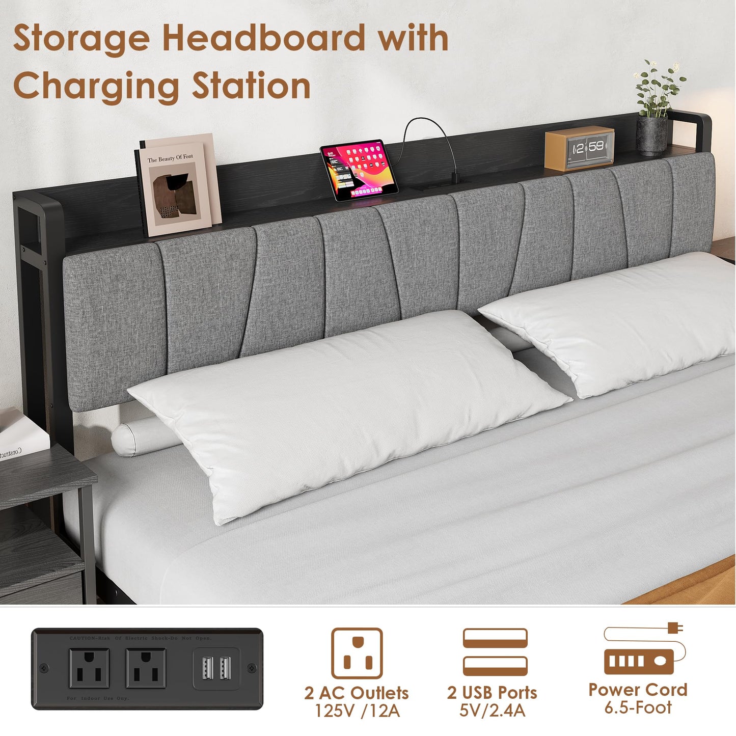 GarveeHome King Size Bed Frame with Storage Headboard, Black King Platform Bed with 2 Large Drawers and Charging Station, Industrial No Box Spring Needed Bedframe