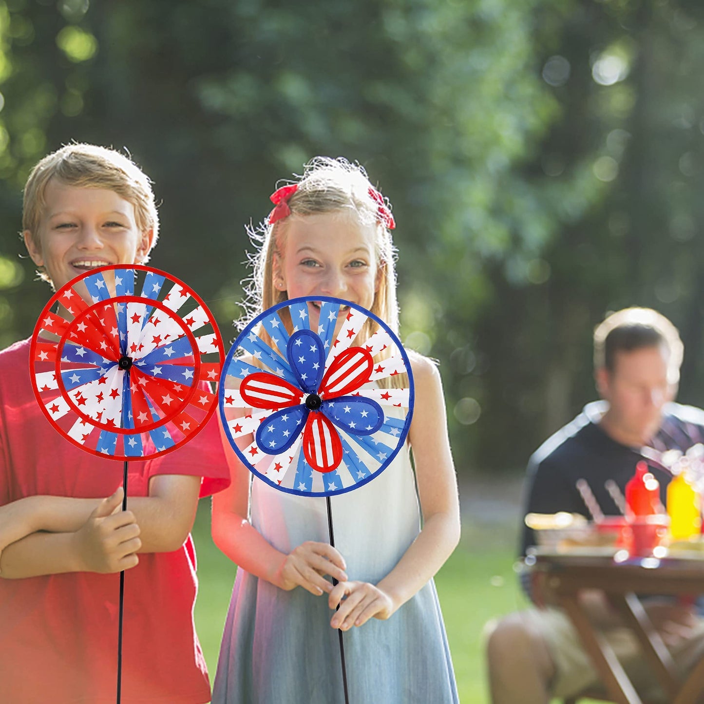 winemana 3 Pack Patriotic Pinwheel for Independence Day, 4th of July Decor Double Spinner Wheel, American Flag Red White Blue Star Décor Outdoor Yard Patio Garden Lawn (12" x 29")