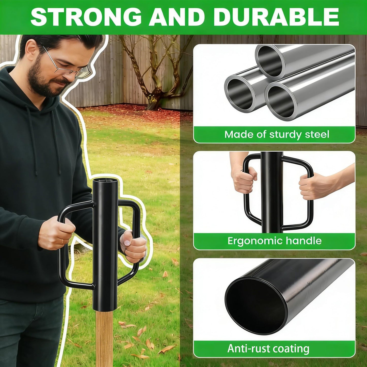 MTB Garden 1 Pack 16 inch Portable Post Driver with Handle, 8LB Black Iron T Post Digger Hand Post Rammer for Installing Fences, Fence Post Pounder Good for Small Projects