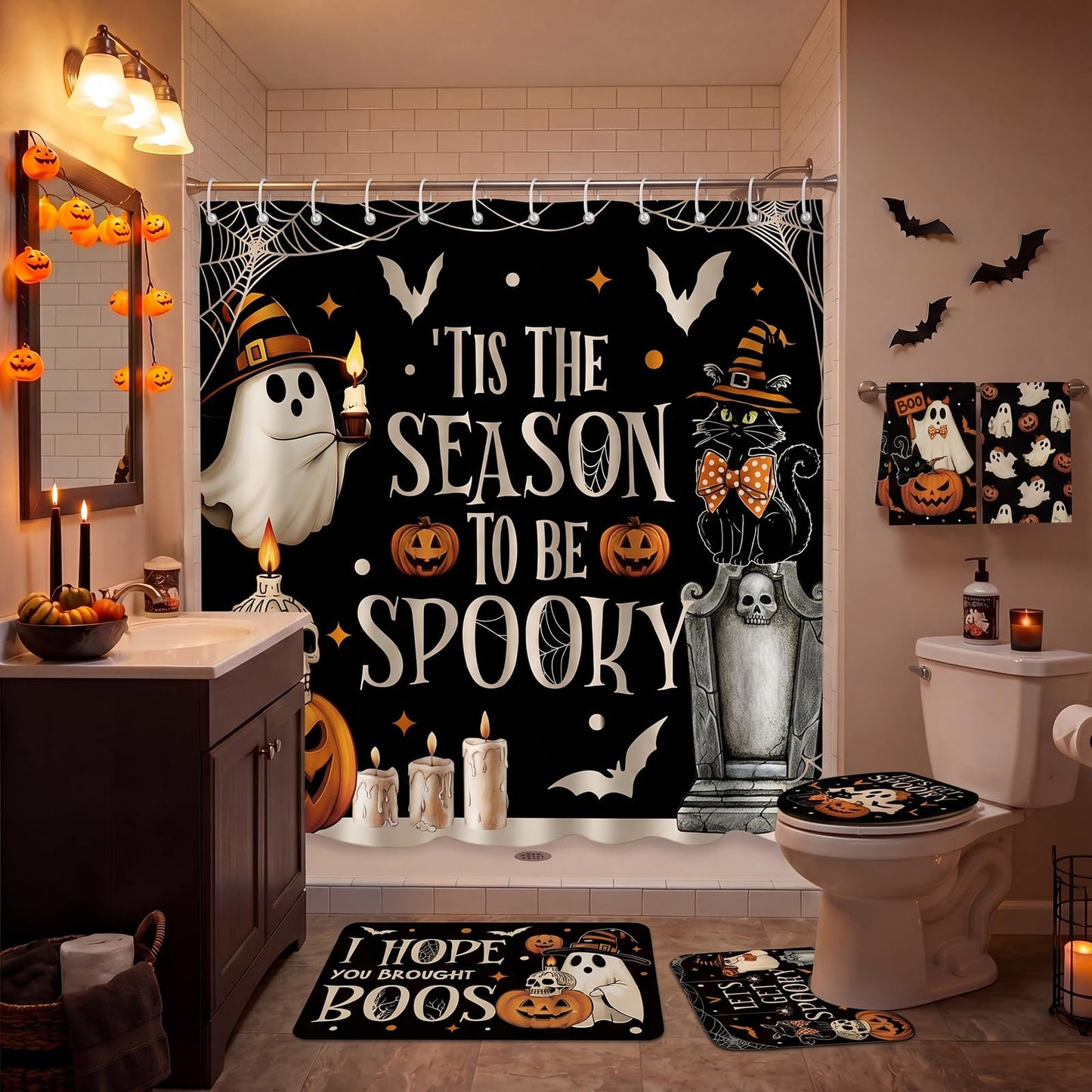 HunnmingRe 6 Pcs Halloween Bathroom Decor, Spooky Ghost Shower Curtain Sets