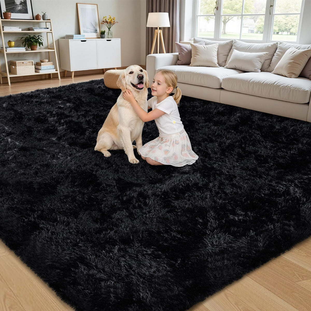 Xafir 8x10 Area Rug for Living Room,Black Fluffy Shag Non-Slip Bedroom Rugs