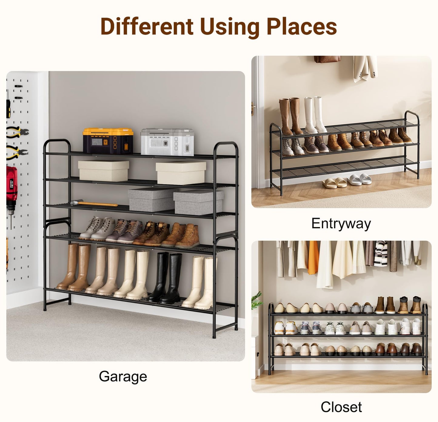 KEETDY 3-Tier Long Shoe Rack for Closet Metal Shoe Organizer for Entryway, Wide Stackable Shoe Storage Shelf with Sturdy Wire Grid for Closet Floor, Bedroom, Black